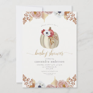 Elegant Fall Watercolor Floral Pumpkin Baby Shower Invitation