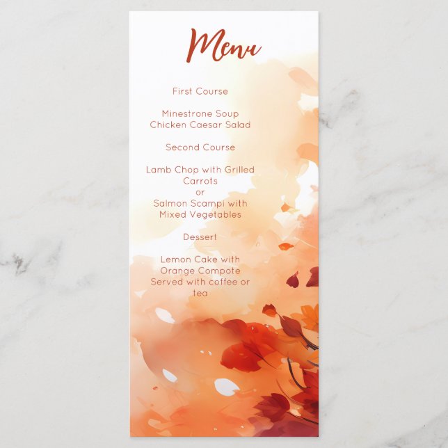 Elegant Fall Watercolor Leaves Burnt Orange Gold Menu (Front)