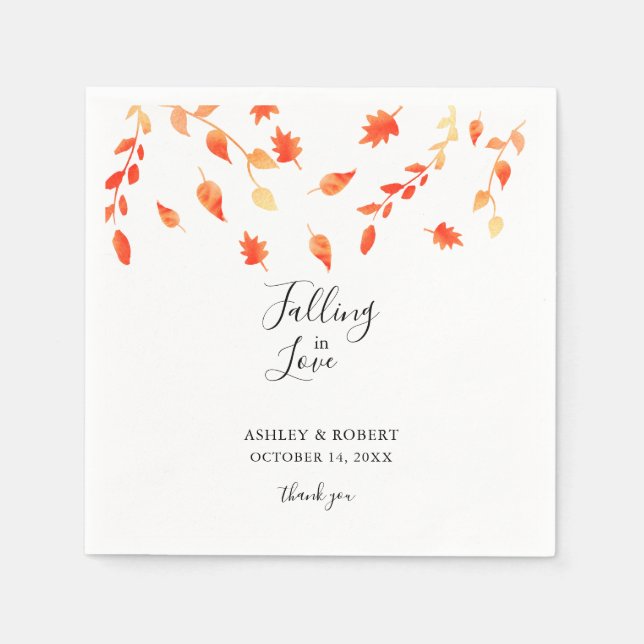 Elegant Fall Watercolor Leaves Falling in Love Napkin (Front)