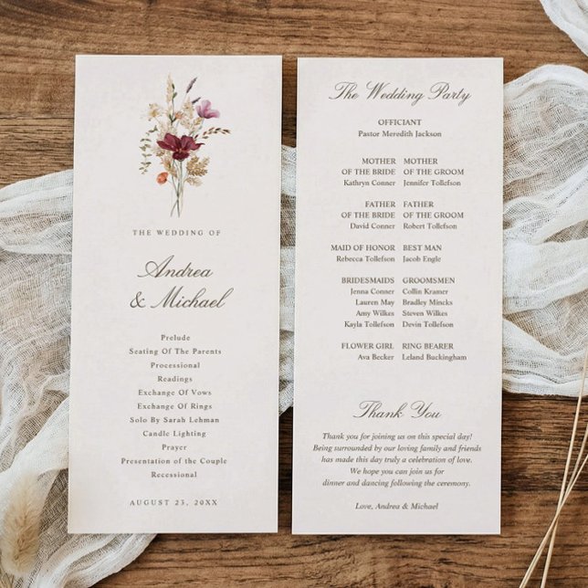 Elegant Fall Watercolor Wildflower Wedding Program (Elegant fall wedding program with burgundy watercolor wildflowers and botanical florals)