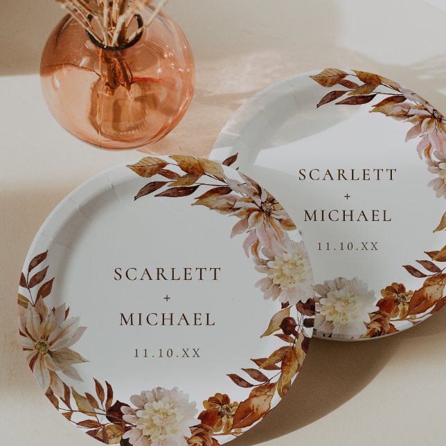 Elegant Fall Wedding Paper Plate (Elegant Fall Watercolor Floral Wedding Paper Plates by Painted Paperie)