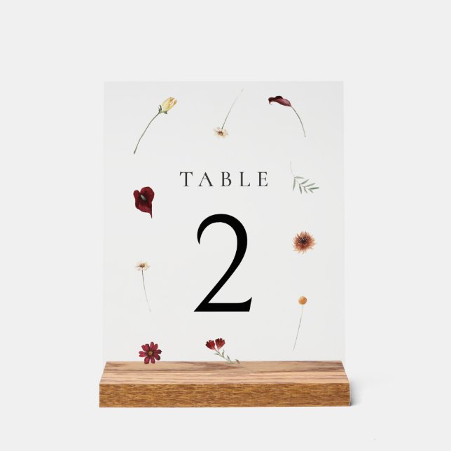 Elegant Fall Wildflower Wedding Table Number #2 Acrylic Sign (Front)