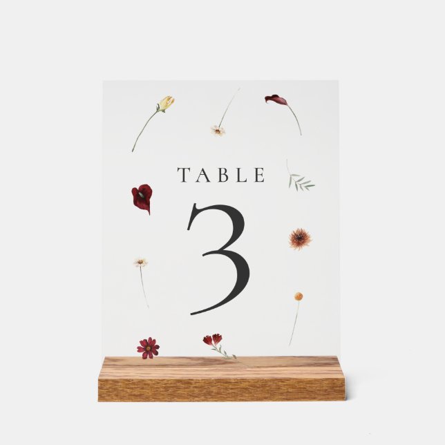 Elegant Fall Wildflower Wedding Table Number #3 Acrylic Sign (Front)