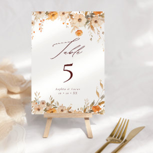 Elegant Fall Wildflowers Orange & Brown Wedding Table Number
