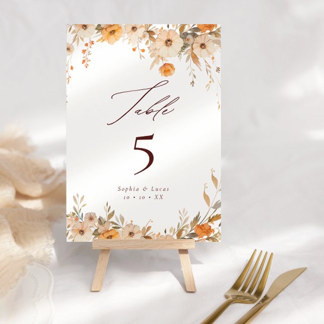 Elegant Fall Wildflowers Orange & Brown Wedding Table Number (Creator Uploaded)