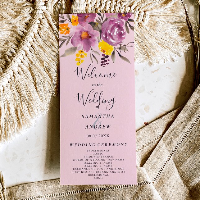 Elegant fall winter purple floral wedding program (Elegant fall winter purple floral wedding program on pink)