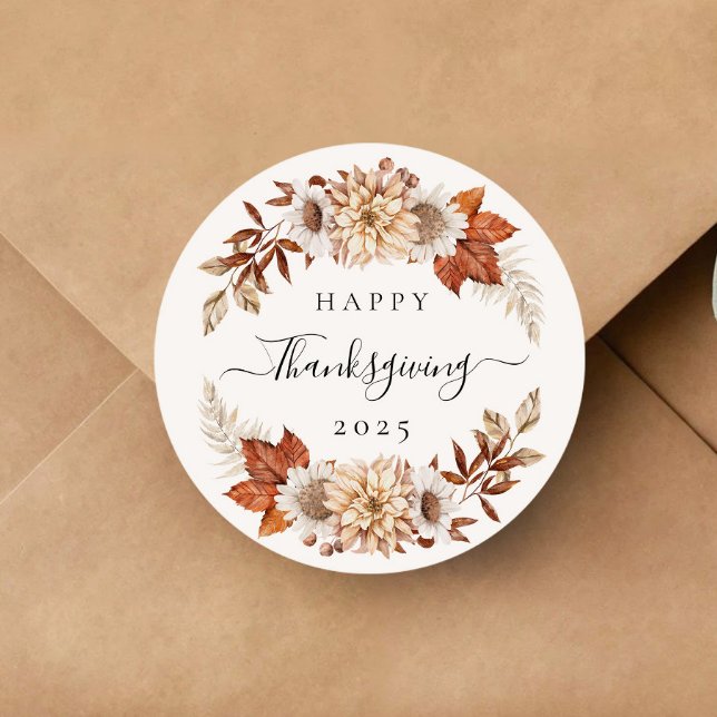 Elegant Fall Wreath Happy Thanksgiving  Classic Round Sticker (Creator Uploaded)