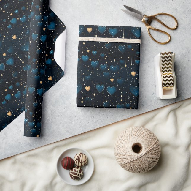 Elegant Falling Cosmic Hearts in Blue and Gold Wrapping Paper (Crafts)