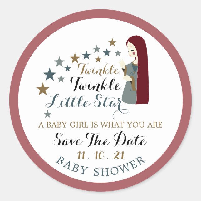 Elegant Falling Stars, Baby Shower Save The Date Classic Round Sticker (Front)