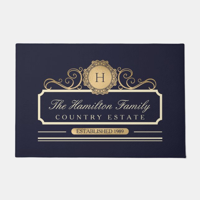 Elegant Family Home Gold Navy Doormat (Front)