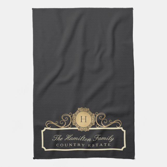 Elegant Family Home Monogram Charcoal Kitchen Towel (Vertical)