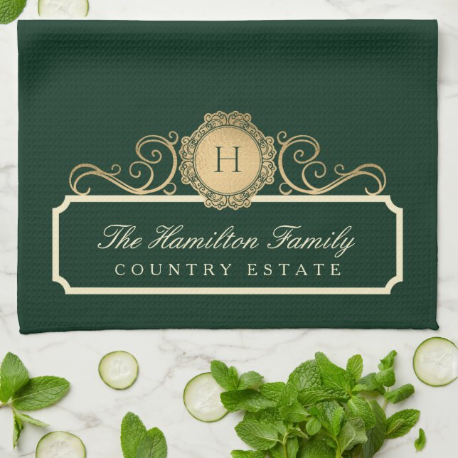 Elegant Family Home Monogram Green Kitchen Kitchen Towel (Folded)