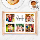 Elegant Family Monogram Custom Photo Collage Serving Tray<br><div class="desc">Personalize this elegant custom serving tray with a collage of five (5) of your favourite family photos. Square shaped photo template is perfect for Instagram photos that are cropped to a square shape. The custom monogram in the centre can be personalized with your family's last name initial letter in grey...</div>