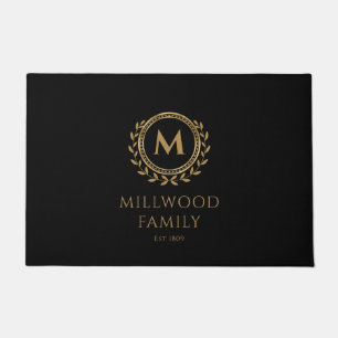 Elegant Family Monogram Name Gold Black Doormat