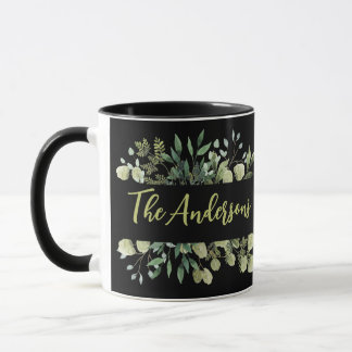 Elegant family name botanical leaves bunch black mug