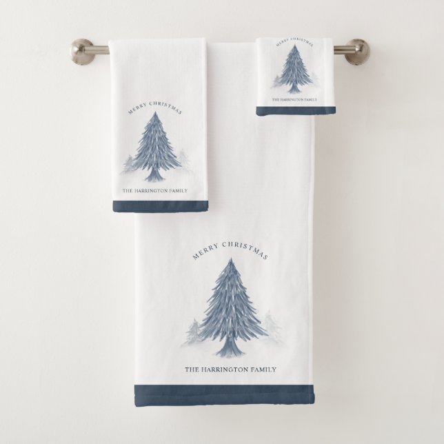 Elegant Family Name Merry Christmas Tree Blue Bath Towel Set (Insitu)