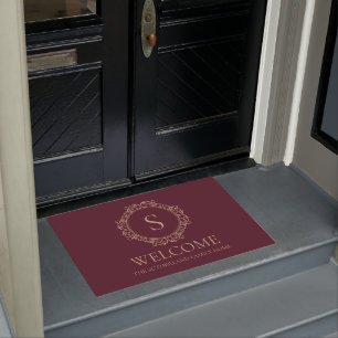 Elegant Family Name Monogram Burgundy Welcome Doormat
