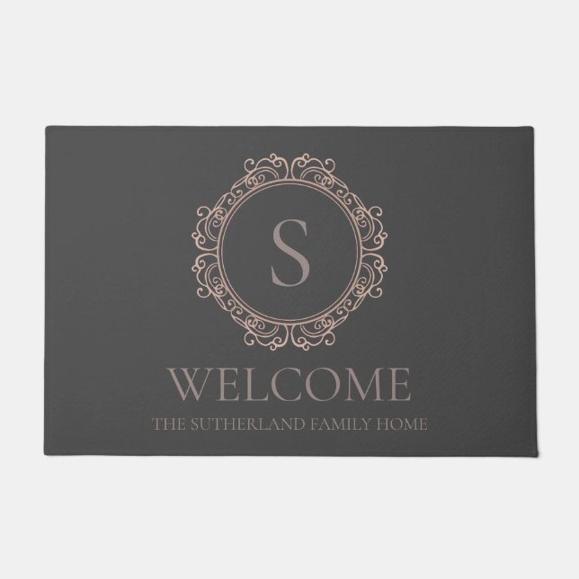 Elegant Family Name Monogram Grey Welcome Doormat (Front)