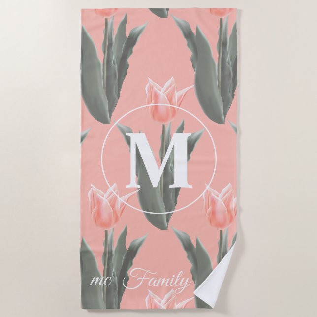 Elegant Family Name Monogram Peach Tulips Painting Beach Towel (Front)
