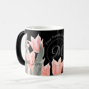 Elegant Family Name Monogram Peach Tulips Painting Magic Mug