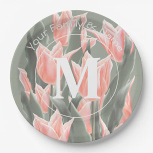 Elegant Family Name Monogram Peach Tulips Painting Paper Plate