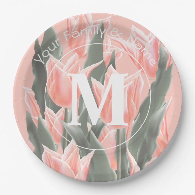 Elegant Family Name Monogram Peach Tulips Painting Paper Plate (Front)