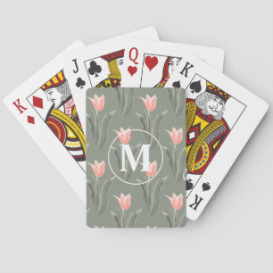 Elegant Family Name Monogram Peach Tulips Painting Playing Cards