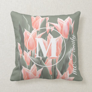 Elegant Family Name Monogram Peach Tulips Painting Throw Pillow