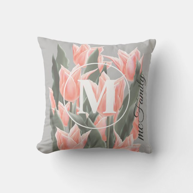 Elegant Family Name Monogram Peach Tulips Painting Throw Pillow (Front)