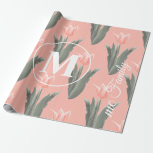 Elegant Family Name Monogram Peach Tulips Painting Wrapping Paper