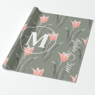Elegant Family Name Monogram Peach Tulips Painting Wrapping Paper