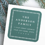 Elegant family name pine green return address square sticker<br><div class="desc">Elegant,  pine green or custom colour return address labels featuring your family name in an elegant serif font and the return address below surrounded by a double border.</div>
