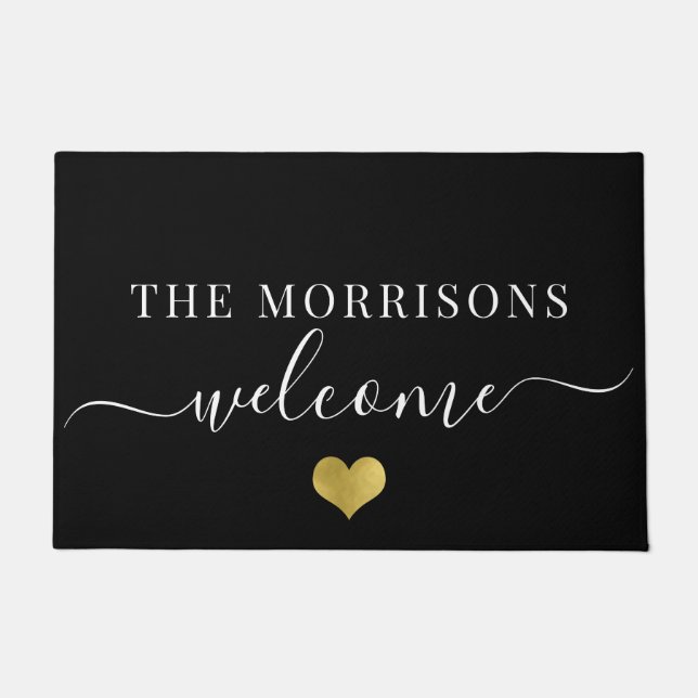 Elegant Family Name Script Welcome Gold Heart Doormat (Front)