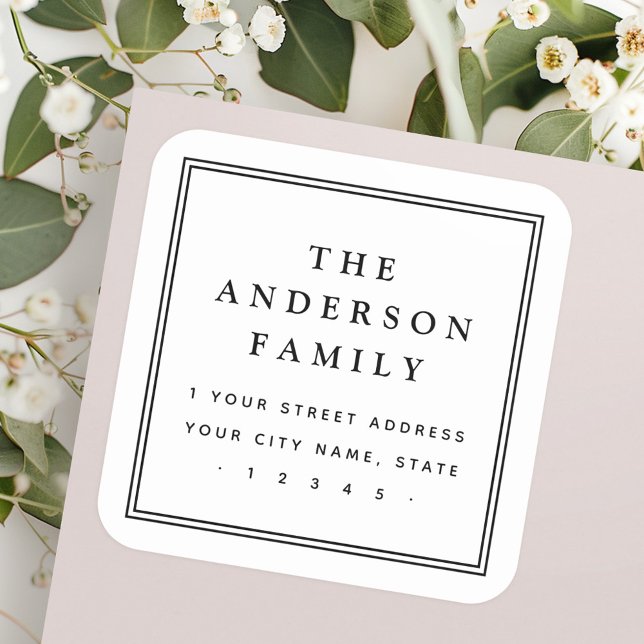 Elegant family name square border return address sticker (Elegant family name square border return address square sticker)