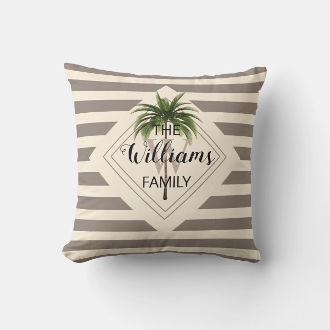 Elegant Family Name Tropical Palm Tree Beige Throw Pillow (Front)