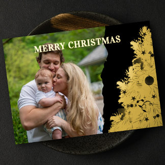 Elegant family photo golden tree black foil holiday card