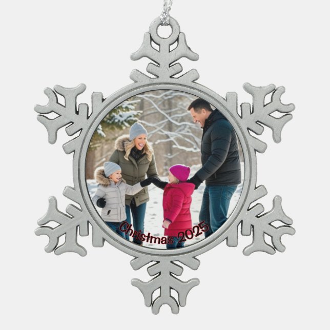 Elegant Family Photo Holiday Personalize Snowflake Pewter Christmas Ornament (Front)