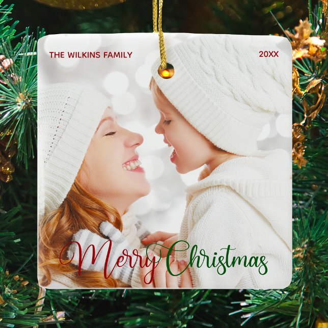 Elegant Family Photo Red Green Script Christmas Ceramic Ornament (Creator Uploaded)