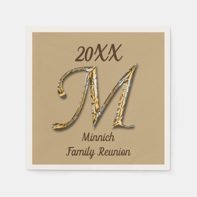 Elegant Family Reunion Gold Letter M Monogram Napkin (Front)