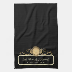 Elegant Family Reunion Gold Monogram Black Kitchen Towel