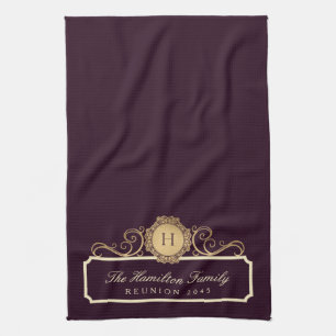 Elegant Family Reunion Gold Monogram Burgundy Kitchen Towel