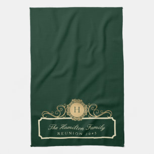 Elegant Family Reunion Gold Monogram Green Kitchen Towel