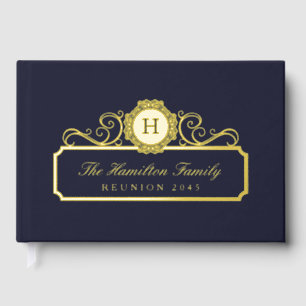 Elegant Family Reunion Gold Monogram Navy Blue Guest Book