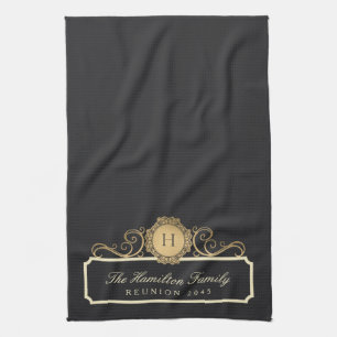 Elegant Family Reunion Monogram Charcoal Kitchen Towel
