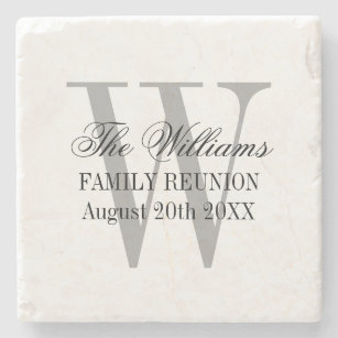 Elegant family reunion name monogram white marble stone coaster