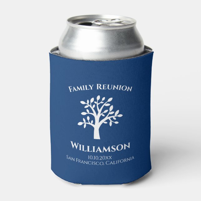 Elegant Family Tree Reunion Monogram Blue Can Cooler (Can Front)