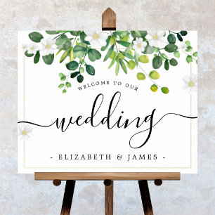 Elegant Fancy Script Watercolor Greenery Wedding Poster