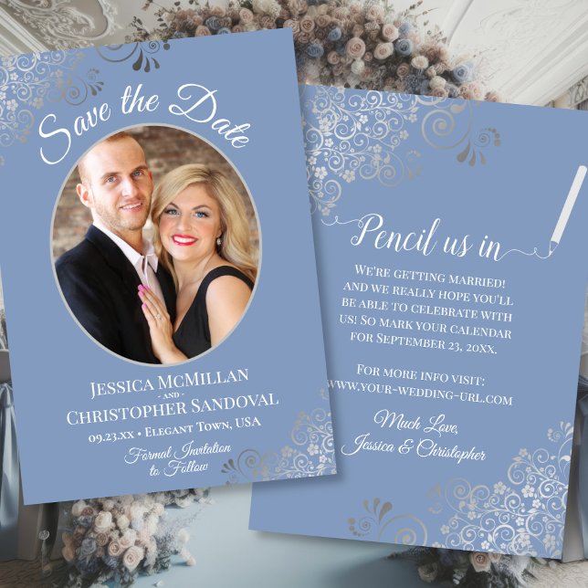 Elegant Fancy Silver & Dusty Blue Photo Wedding Save The Date (Front/Back)