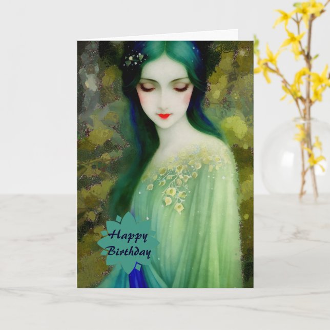 Elegant Fantasy Woman Portrait in Green and Blue Card (Yellow Flower)