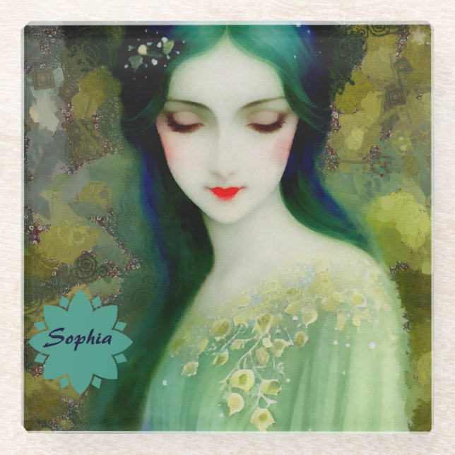 Elegant Fantasy Woman Portrait in Green and Blue Glass Coaster (Front)